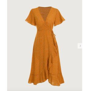 RIHOAS Yellow Polka Dot Ruffle Wrap Dress, M, NWT